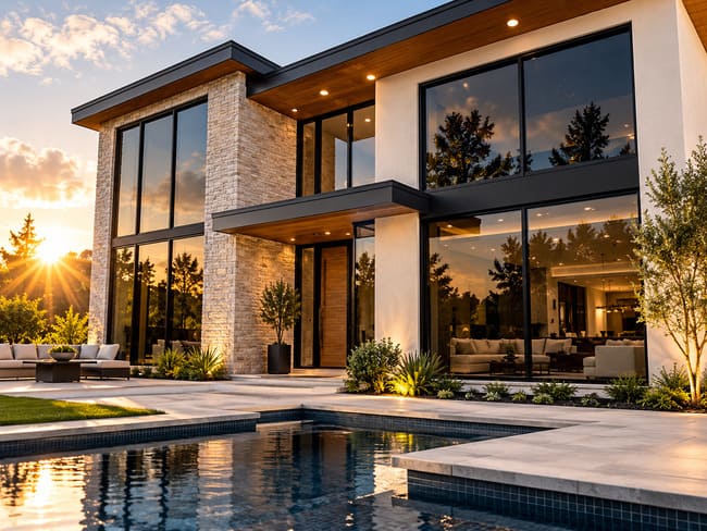 Modern residence with expansive tinted glass windows