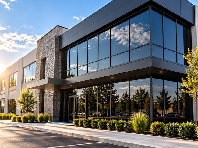 Modern commercial building with large tinted glass windows